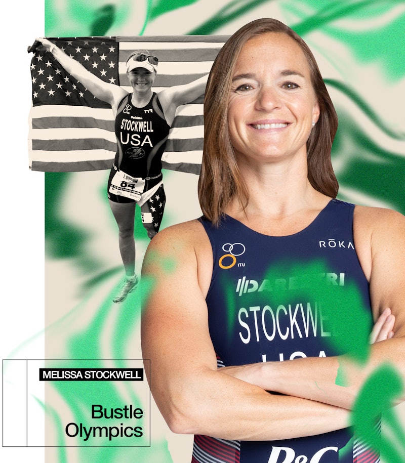 Triathlete Melissa Stockwell in her national team jersey next to a picture of her holding the US fla...