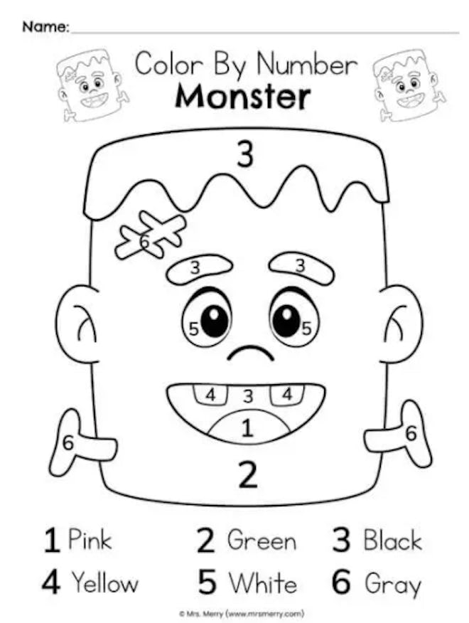 color-by-number monster worksheet is a great activity for younger kids