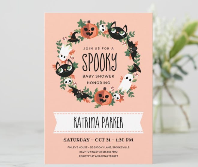 Halloween baby shower invitation; "Spooky" theme with a cute wreath boarder 