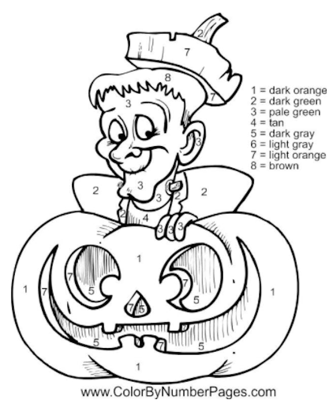 Frankenstein's monster and a pumpkin in a color-by-number Halloween worksheet