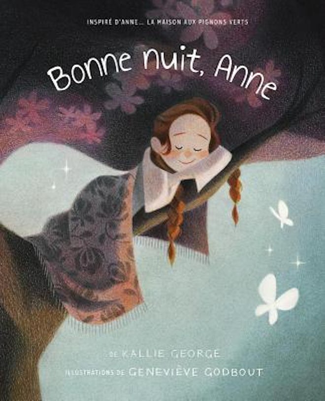 Cover art for children's book "Bonne Nuit, Anne," little girl sleeping on a tree branch