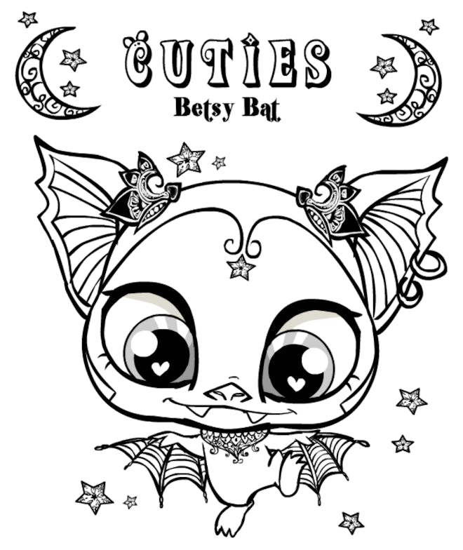 Bat coloring page; bat with lots of details, "cuties" and "betsy bat" written at the top of the page