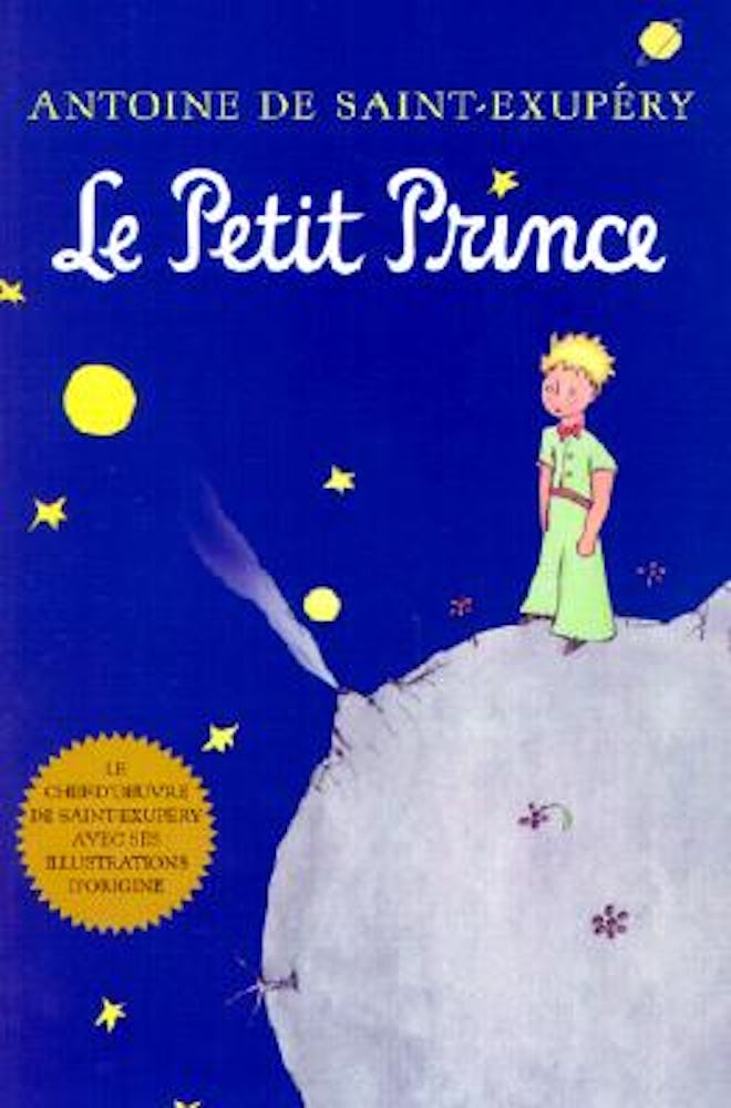 Cover art for "Le Petit Prince"; boy standing on the moon in the night