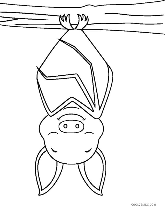 Bat coloring page; bat sleeping upside down, smiling