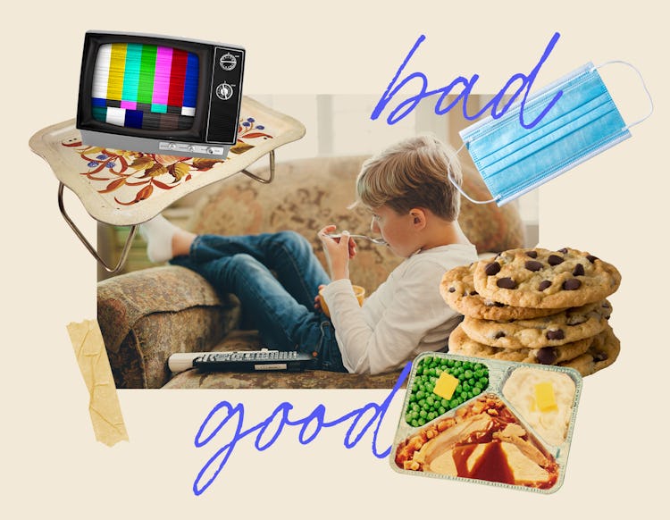 A collage of a kid eating while watching TV, dinner food, an old TV on a tray, a face mask and "good...