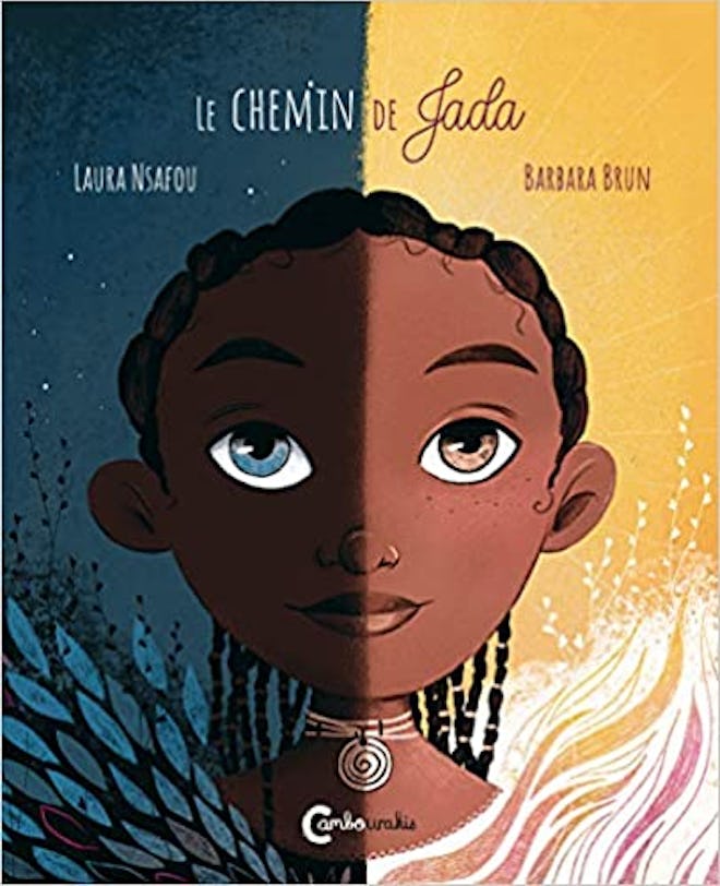 Cover art for "Le chemin de Jada"; split-screen picture of a girl, half in darker colors, half in li...