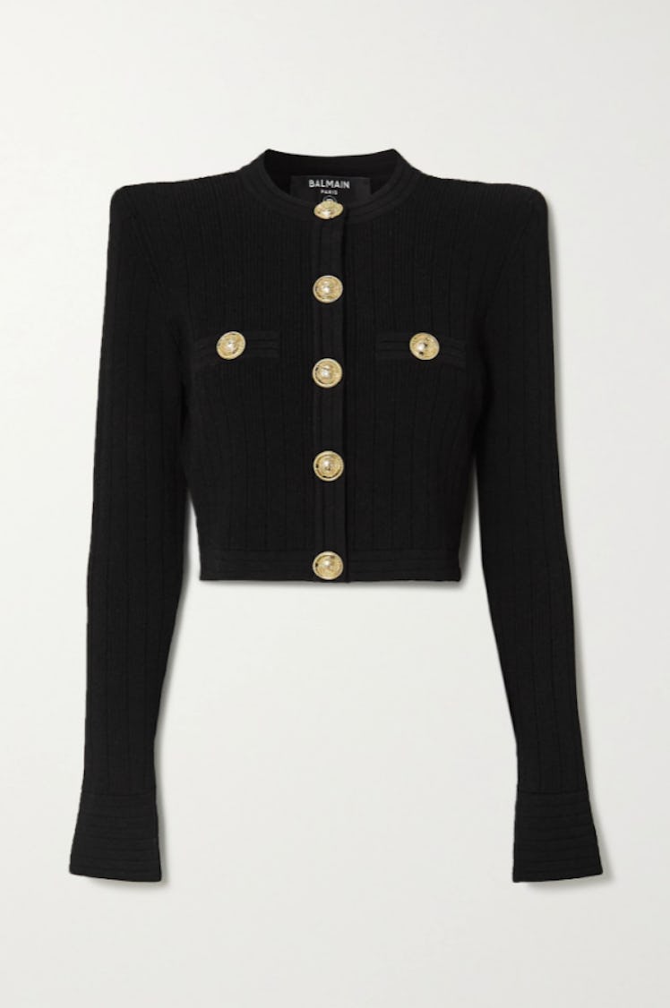 Balmain's cropped jacquard-knit blazer with gold embellished buttons.