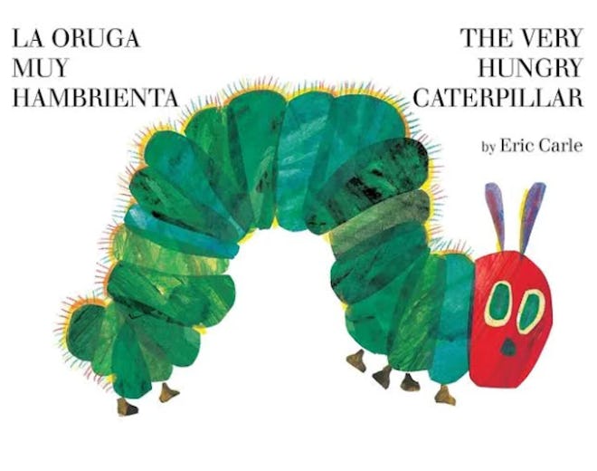 cover of 'The Very Hungry Caterpillar" bilingual edition, featuring a large green cartoon caterpilla...