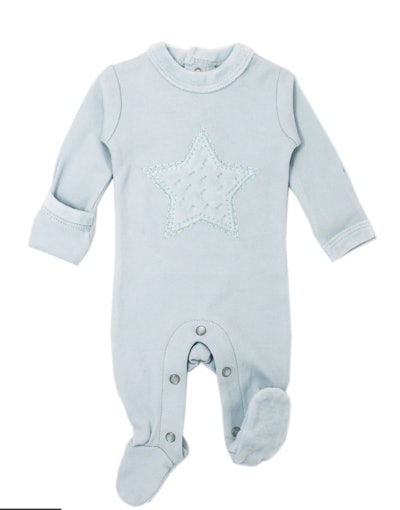 Image of a baby footed onesie pajama with velveteen trim from Taylor and Max.