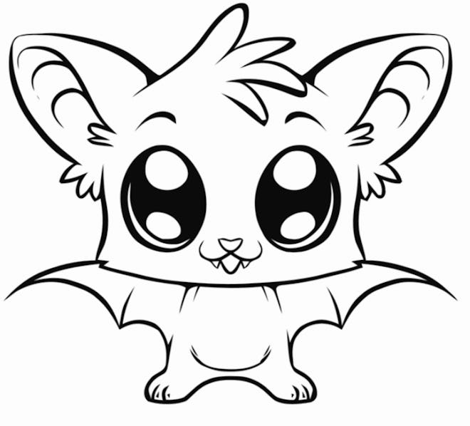 Bat coloring page; close up of bat with big eyes and cute little face