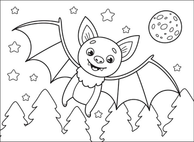 Bat coloring page; bat flying through the air, smiling