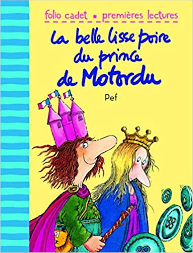 Cover art for "La belle lisse poire du prince de Motordu", a king and a princess walking together