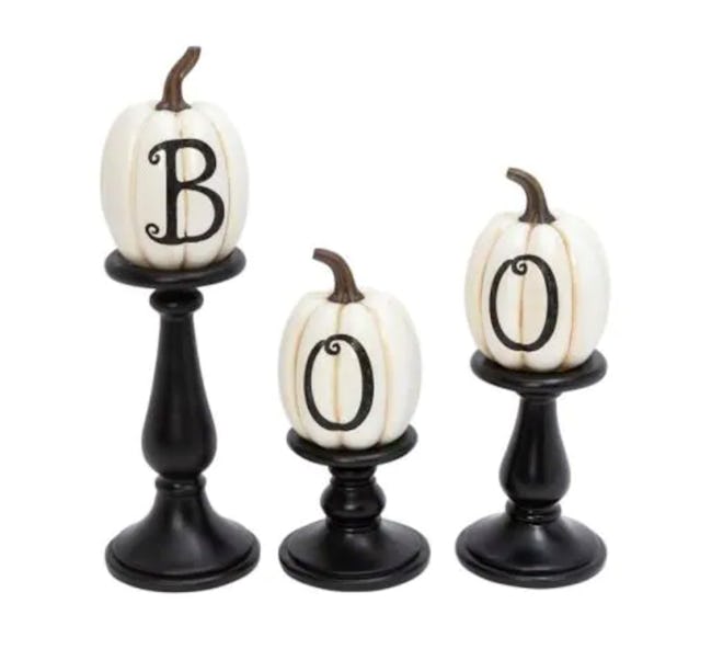 17.52 in. Large White Resin/Stone Lettered Pumpkins on Candleholders (Set of 3)