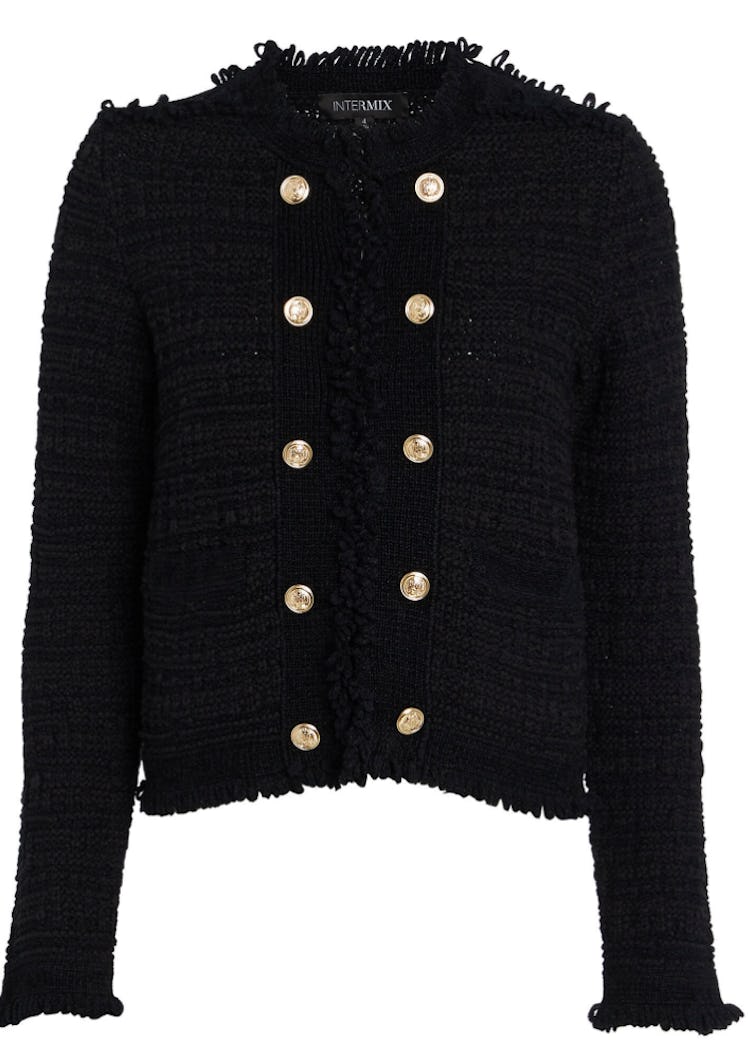 INTERMIX Lila Cropped Knit Jacket with gold buttons. 
