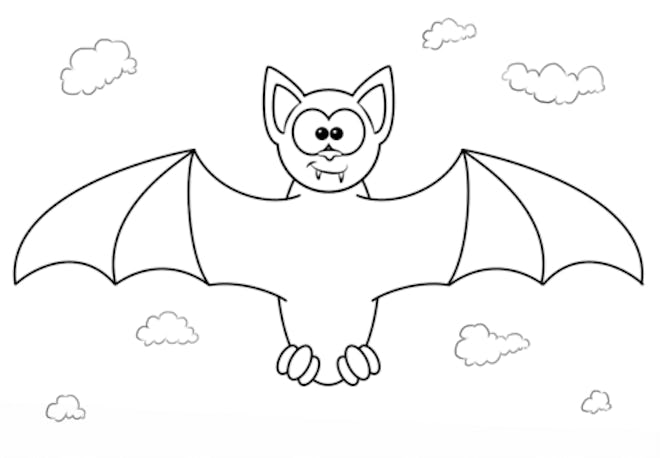 Bat coloring page; bat with wings stretched out, crossed eyes, floating in the sky