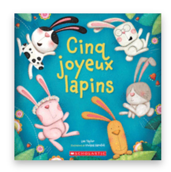 Cover art for "Cinq Joyeux Lapins"; five bunnies jumping in a circle