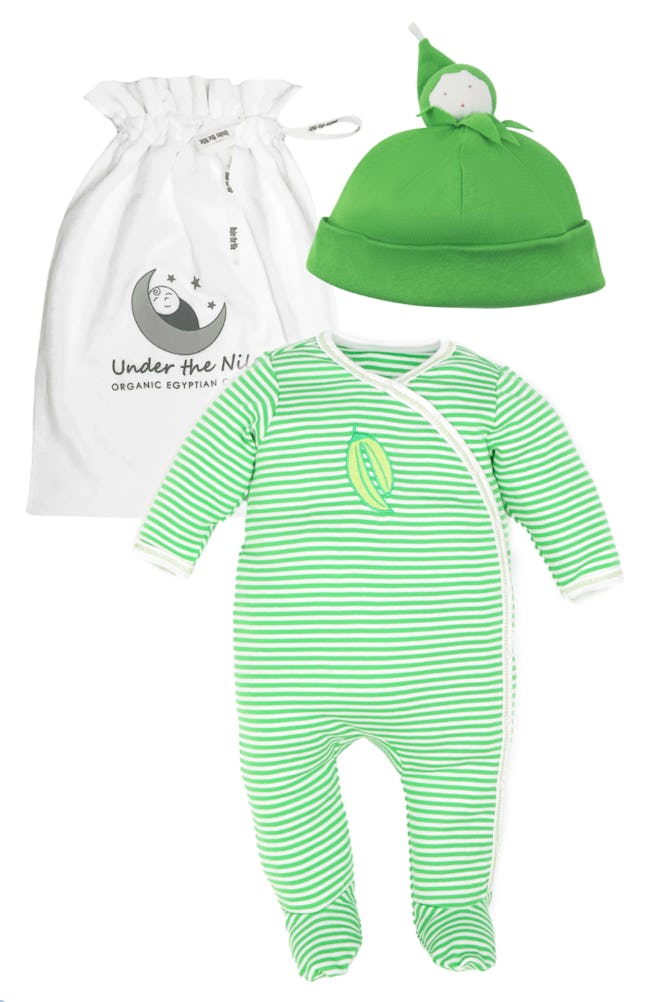 Image of a green-and-white striped baby onesie pajama with matching pea-pod hat.