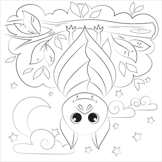 Bat coloring page; bat hanging upside down with its wings wrapped around it