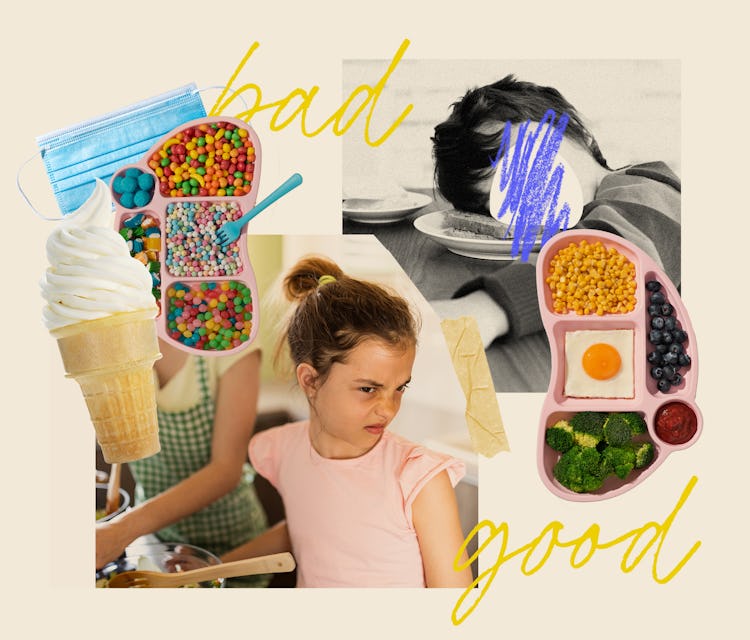 A collage of a little girl scrunching her nose, candy, ice cream, and the words "good" and "bad"