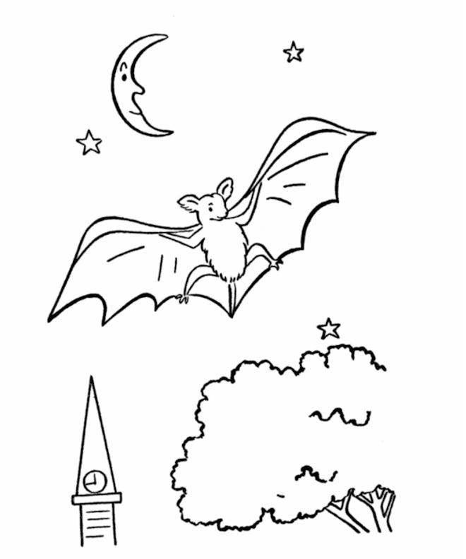 Bat coloring page; bat flying in the night with the moon behind it 