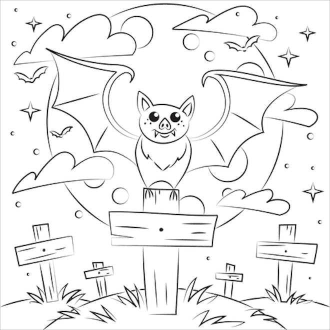 Bat coloring page; bat with its wings out, perched on a sign in front of a full moon