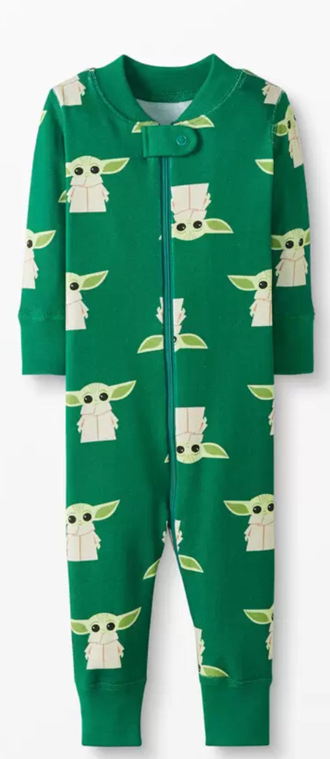 Image of a Hanna Andersson zip-front toddler one-piece pajama with Yoda print.