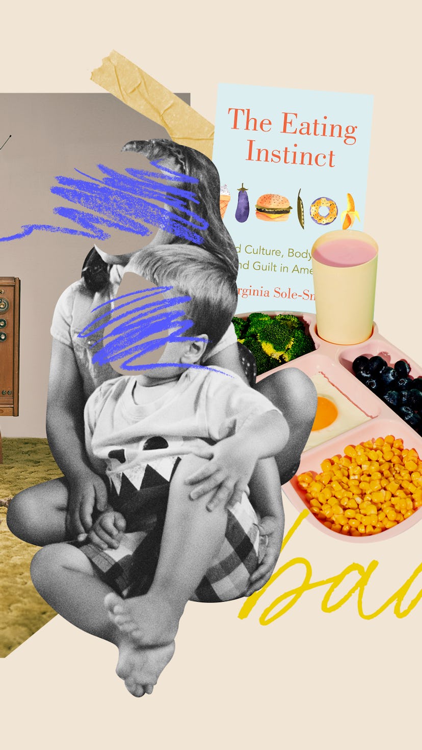 A collage of Virginia Sole-Smith's book, an old TV, dinner foods and two kids sitting on the floor 