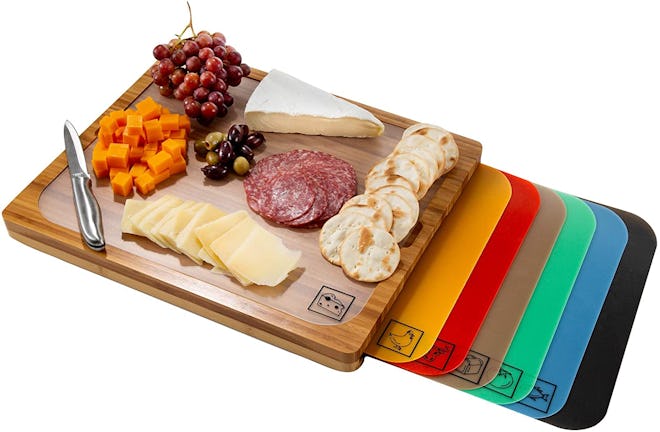 Seville Classics Bamboo Cutting Board and 7 Color-Coded Cutting Mats
