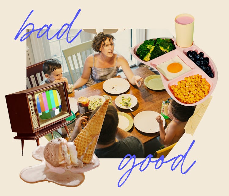 A collage of a family at dinner, melting ice cream, vegetables, a TV and the words "good" and "bad" 
