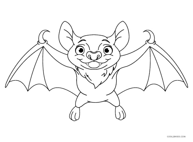 Bat coloring page; bat with its wings out, smiling 