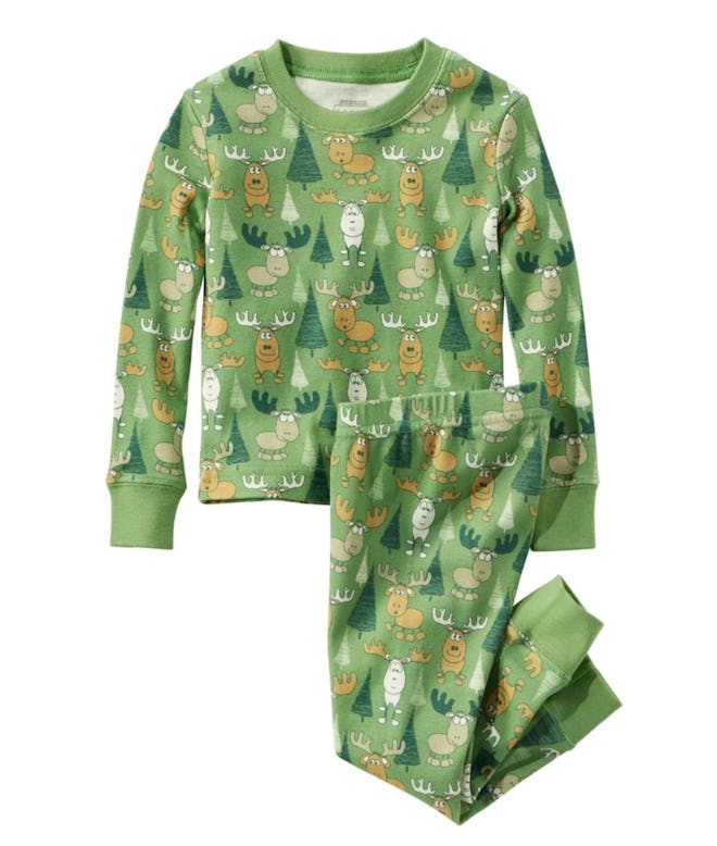 Image of L.L.Bean two-piece cotton pajamas in a green tree print.