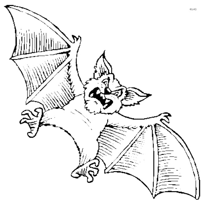 Bat coloring page; bat with scary face, flying in the air