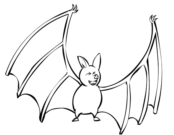Bat Coloring Page; bat with its wings stretched out, laughing