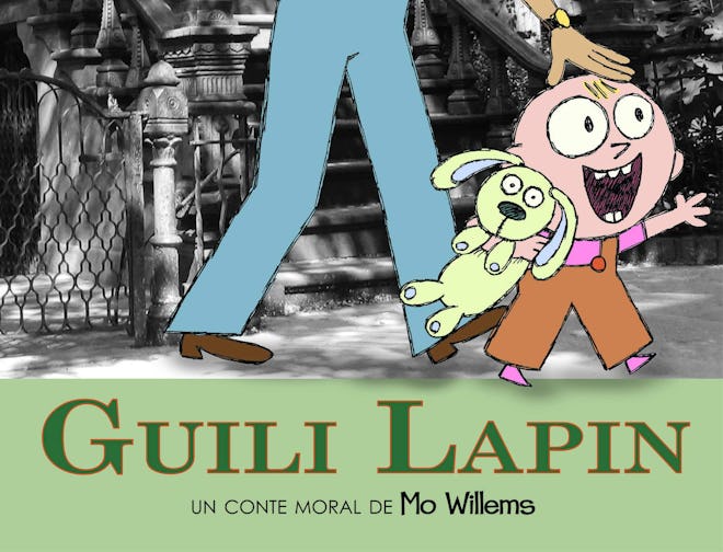Cover art for "Guili Lapin"; little boy holding a stuffed animal, walking with a grown up