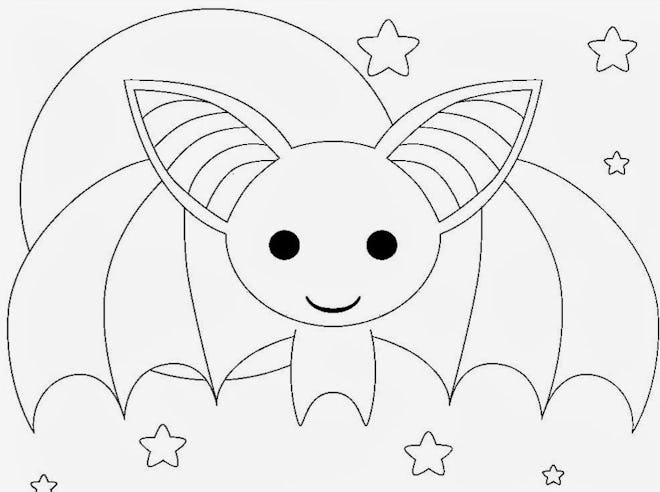 Bat coloring page; cute bat with wings stretched out with a full moon and stars behind it