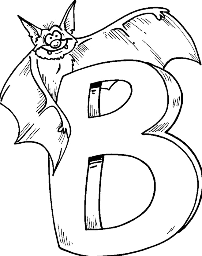 Bat Coloring Page; the letter "B" with a bat next to it