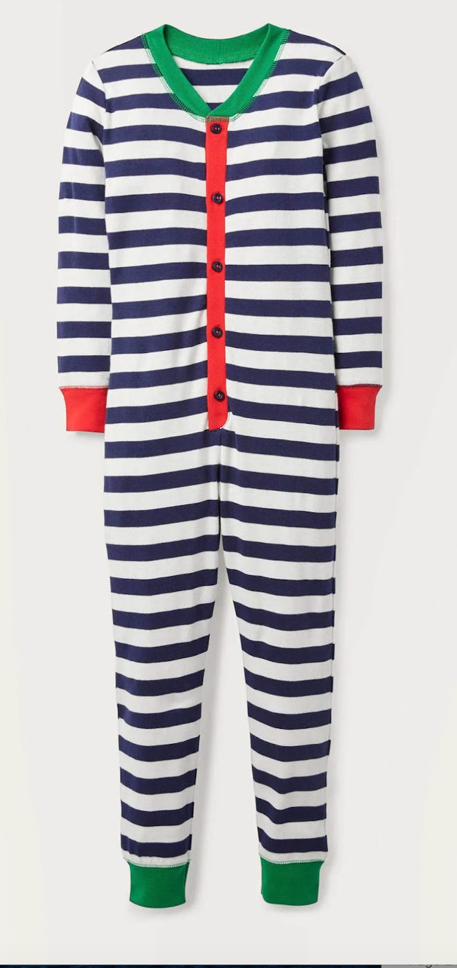 Image of a kid's striped one-piece zip-front pajama from Boden USA.
