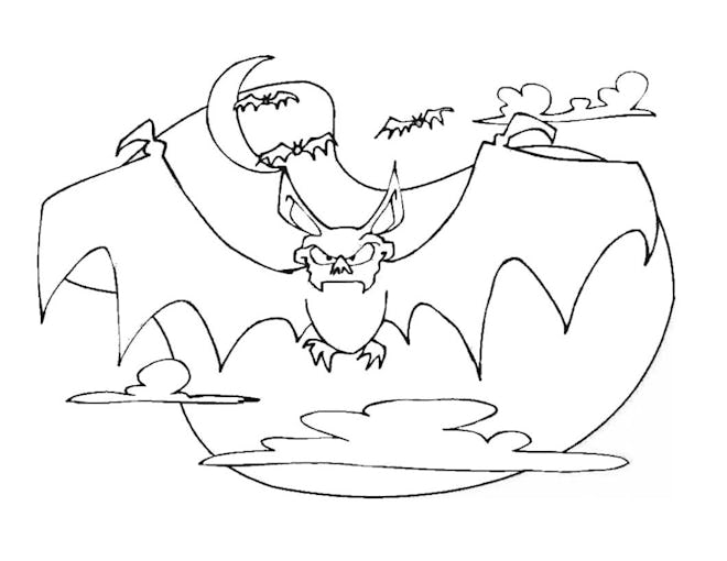 Bat coloring page; bat with creepy face, flying with a full moon in the background