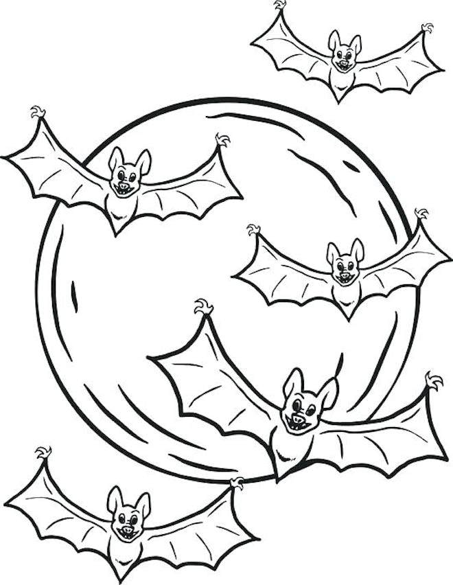 Bat coloring page; five bats flying in front of a full moon.