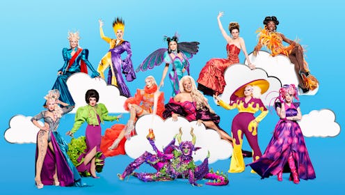 The queens of RuPauls drag race season 3 pose in their brightly-coloured finery against a sky blue b...