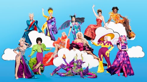 The queens of RuPauls drag race season 3 pose in their brightly-coloured finery against a sky blue b...