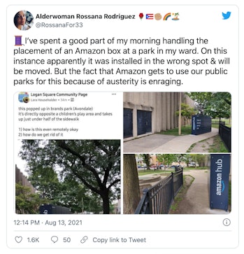 Amazon removed package lockers from two Chicago parks following criticism that they blocked sidewalk...