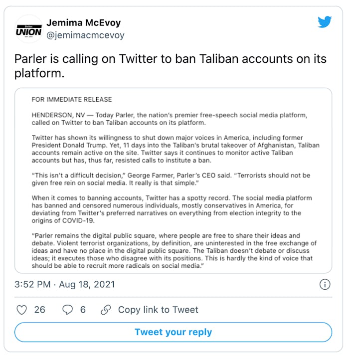 Parler's CEO has called on Twitter to ban the Taliban from its platform.