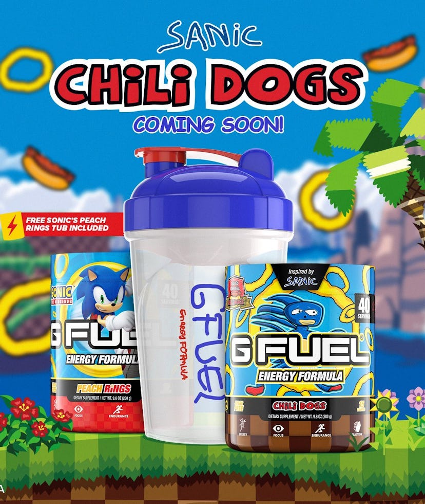 An ad for G-Fuel's Sanic-themed energy powder that tastes like chili dogs. Food. Drink. Video games....