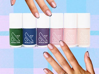 A collage photo showing pair of hands and Olive & June’s New Nail Polish Collection.