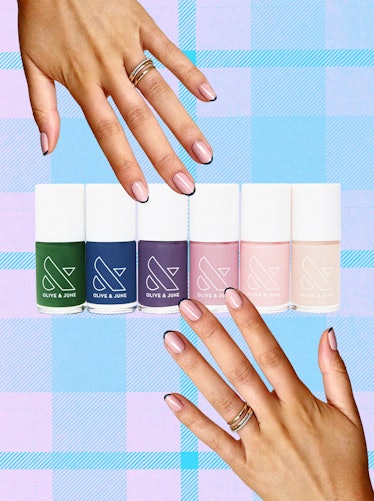 A collage photo showing pair of hands and Olive & June’s New Nail Polish Collection.