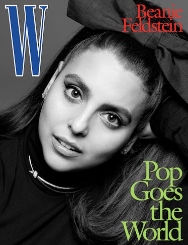 Beanie Feldstein wears a Banana Republic turtleneck; Anna Zuckerman Luxury earrings; Tiffany & Co. n...