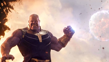 Thanos (Josh Brolin) throwing a moon at Tony Stark (Robert Downey Jr.) in Avengers: Infinity War
