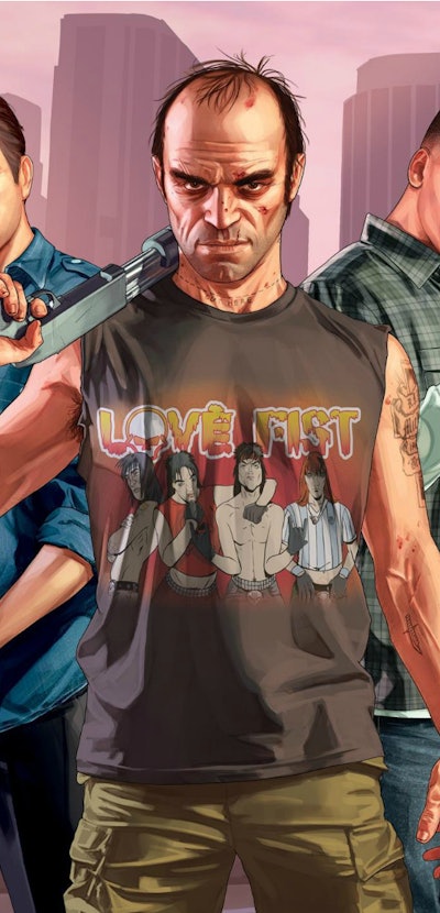 illustration of main characters from Grand Theft Auto V