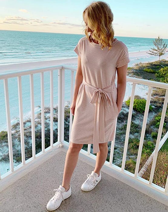 MEROKEETY Striped Short Sleeve T Shirt Dress with Pockets